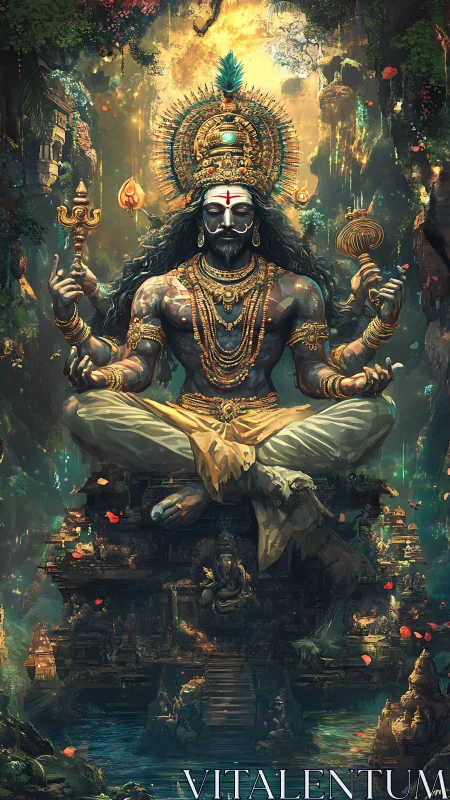 Mythic multi-armed deity in luminous jungle temple realm.