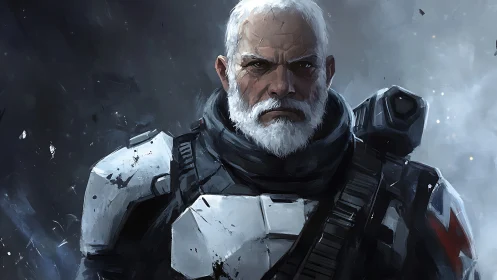 Veteran space commander in worn white tactical armor portrait.