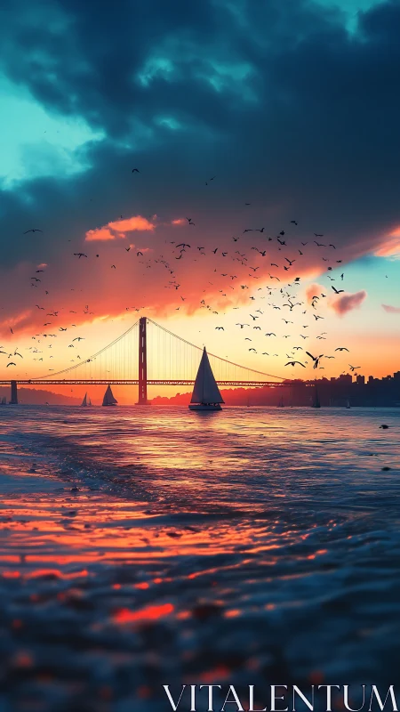 Suspension bridge spans sunset bay with sailboats and birds