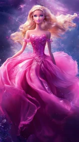 Pink ball gown doll in luminous cosmic styled background.