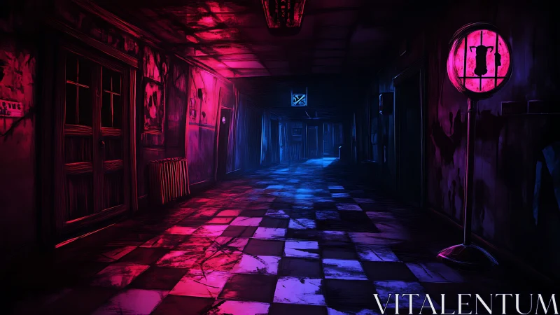 Deserted corridor in neon red and blue horror lighting.