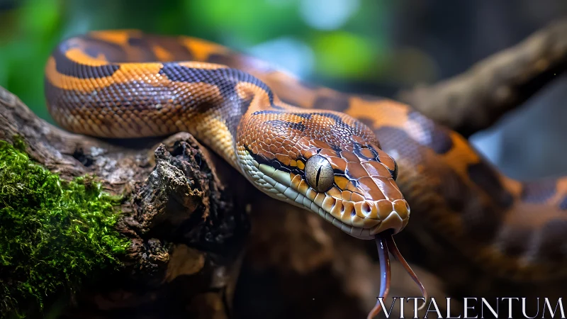 Brown patterned snake on mossy branch in controlled habitat.
