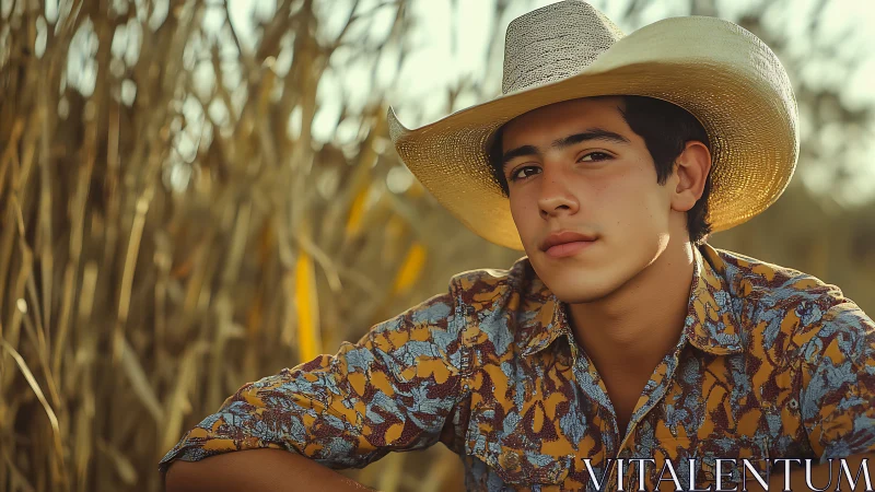 Young person wearing straw hat sits in rural crop field