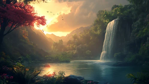 Sunset waterfall hushes a hidden valley into glowing stillness