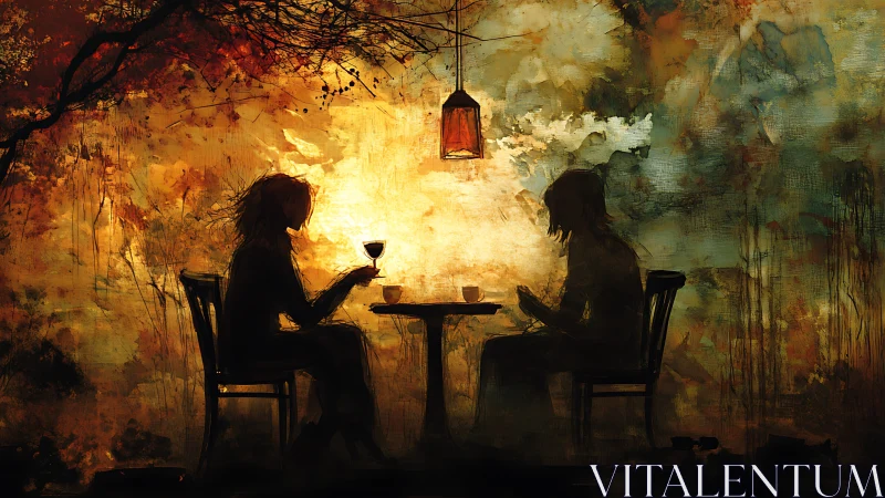 Warm twilight caf&eacute; chat between two quiet silhouettes.