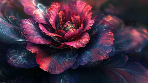 Luminous digital flower renders iridescent swirling petals