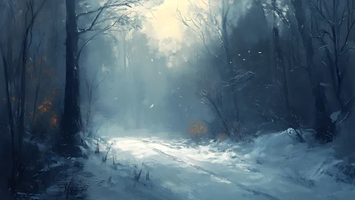 Winter Forest Scene with Volumetric Atmospheric Rendering and Cinematic Depth Composition