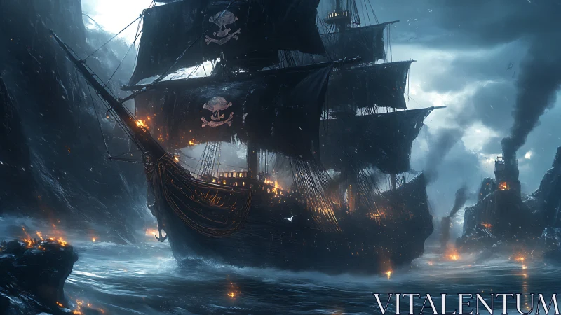 Heavily armed pirate galleon cuts through stormlit burning bay