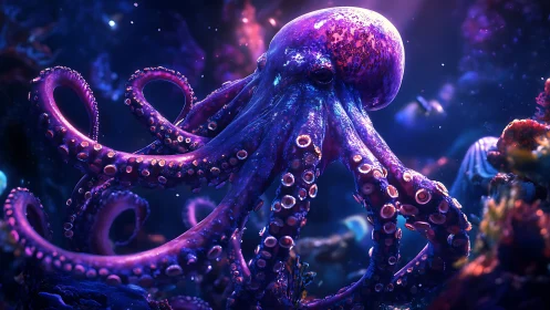 Bioluminescent purple octopus in a vivid reef scene.