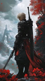 Dark knight overlooking crimson valley and distant citadel.