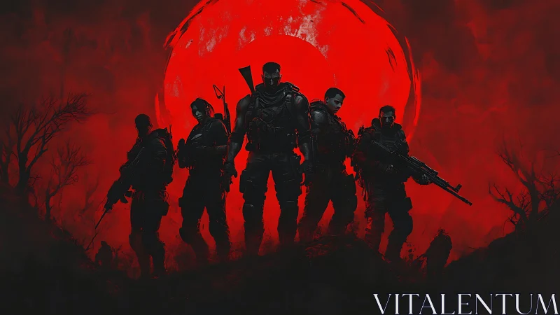 Armed squad silhouettes under large red moon backdrop.