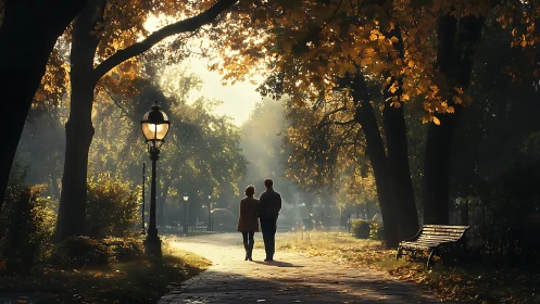 Couple walks golden-lit park path beneath autumn canopy