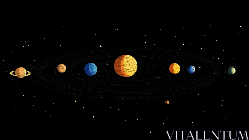 Stylized planetary system with multiple orbital paths diagram.