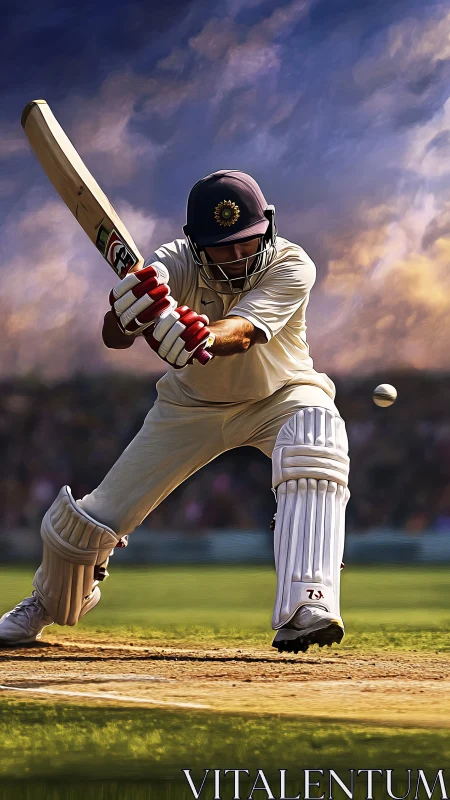 Cricket batter executes front-foot shot on sunlit pitch