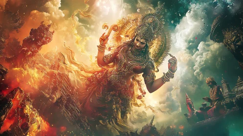 Mythic celestial goddess amid fiery temple ruins panorama.