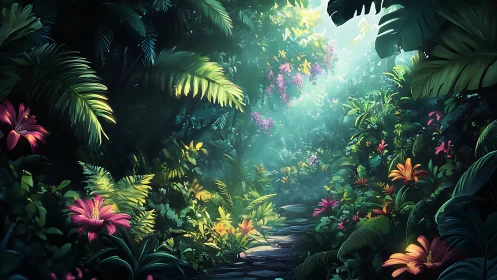 Enchanted Garden Path Through Luminous Blooms.