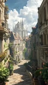 Narrow stone street leading toward distant bright cathedral.