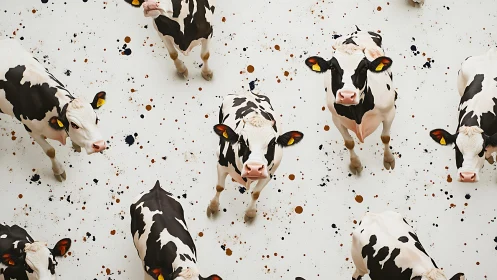 Overhead Holstein herd array on splattered minimal ground.