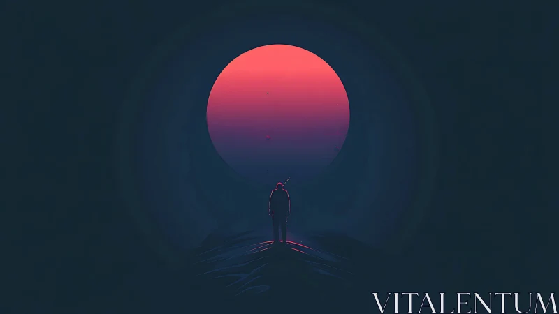 Solitary silhouette stands before vast neon sun portal