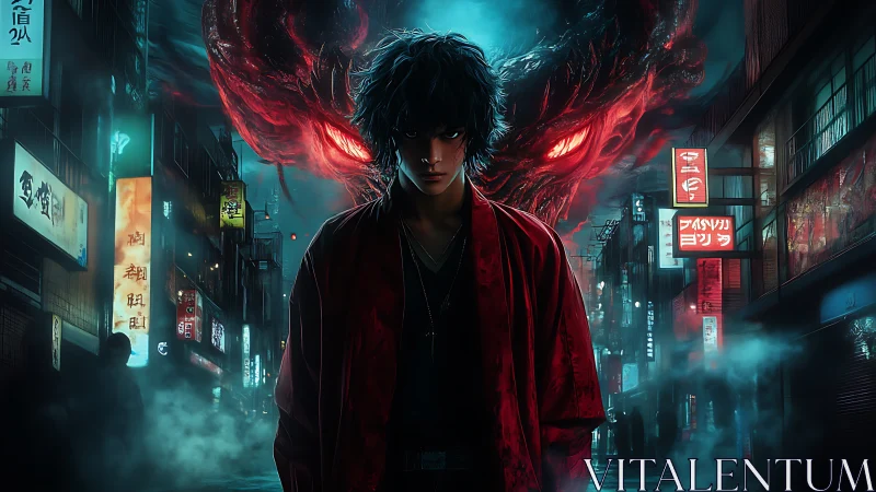 Neon alley warlock with crimson demon shadow looming.