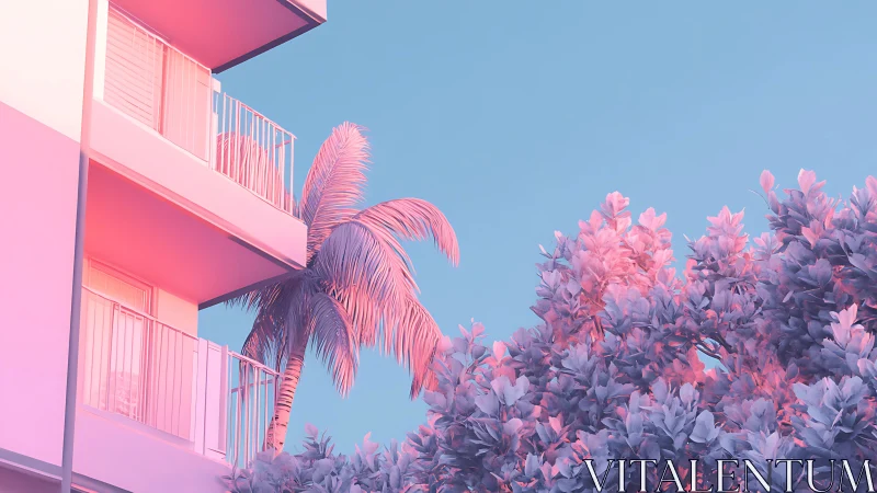 Pastel architectural balcony with neon-tinted tropical foliage.