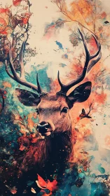 Stag portrait amid abstract foliage and fiery watercolor clouds.