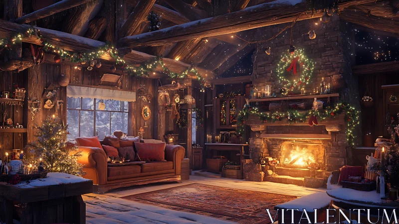 Rustic timber cabin interior with decorated stone fireplace.