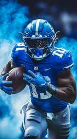 Dynamic football running back in blue uniform bursts forward