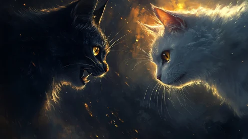 Two felines displayed in dramatic illumination with volumetric light and particle effects