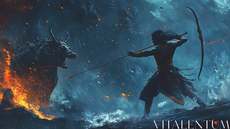 Storm-lit warrior stares down a flaming demon beast in battle