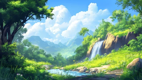 Sunlit valley waterfall humming through a painted summer hush.