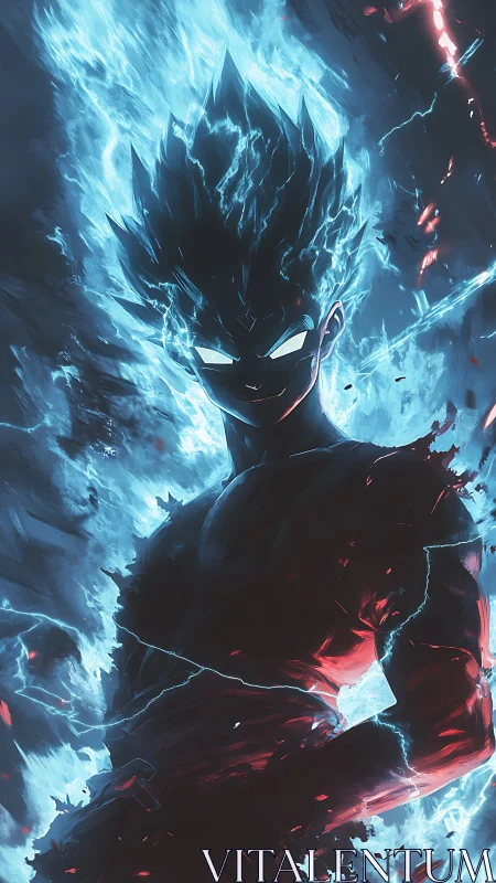 High-voltage anime warrior engulfed in electric blue aura.