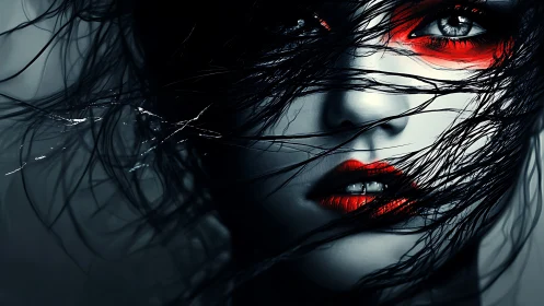 Monochrome digital portrait isolates face with red accents