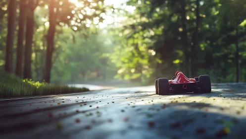 Red race car accelerates along sunlit forest curve