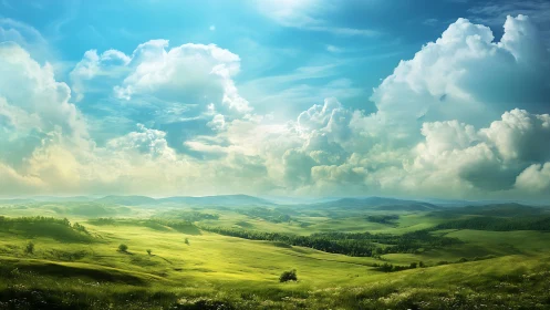 Expansive rolling grassland rendered under volumetric cumulus clouds