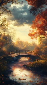 Autumn footbridge spans glowing creek under stormlit sky.