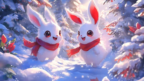 Two stylized white rabbits stand in a snowy forest landscape