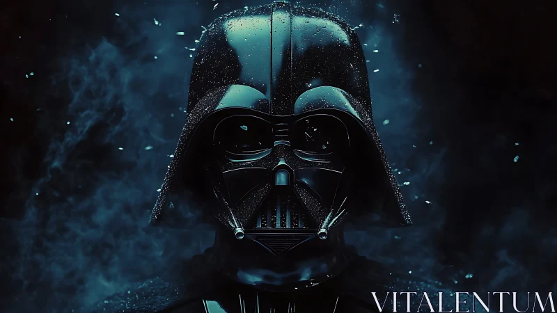 Specular-lit black respirator helmet in volumetric nebula field.