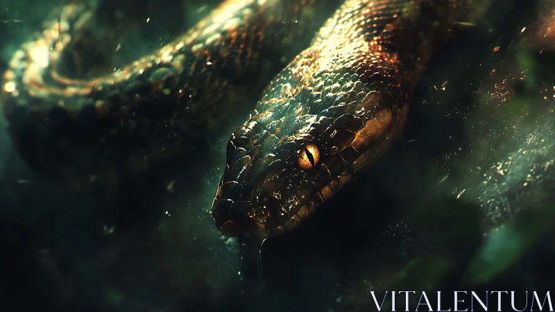 Cinematic serpent portrait with golden scales and bokeh haze.
