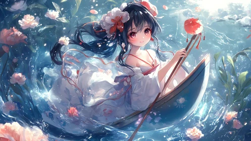 Anime girl sits in small boat surrounded by floating flowers