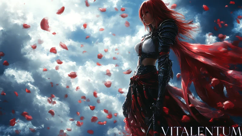 Crimson-haired warrior meets stormlit sky of drifting petals.