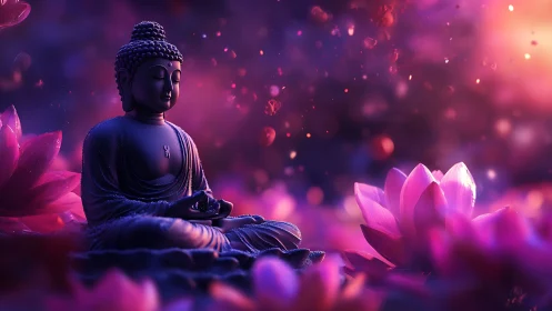 Buddha statue meditates amid glowing lotus flowers at dusk