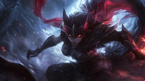 Dark armored heroine surges through swirling crimson storm