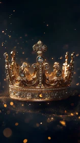 Gold jeweled crown on dark background with glowing sparks.