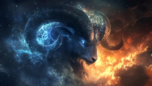 Cosmic ram head dividing blue nebula and orange cloud field.
