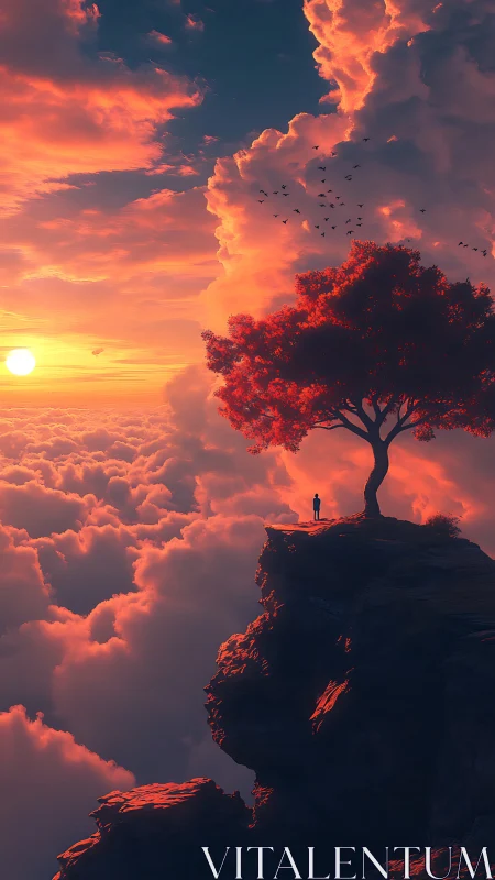 Solitary figure on cliff above clouds at vivid sunset.