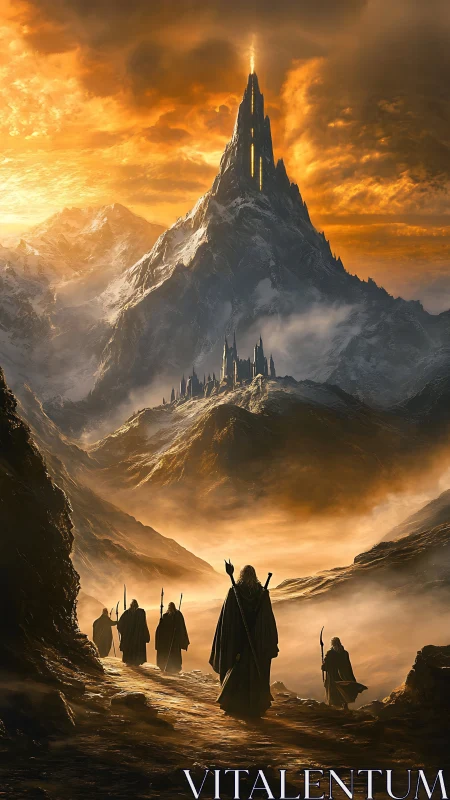 Pilgrims ascend a sun-forged citadel in burning mists.