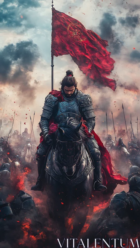 Storm-lit warlord rides through fire with a crimson banner raised