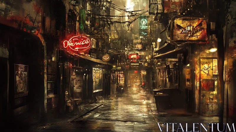 Neon rain polishes a forgotten alley into liquid memory