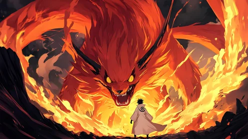 Fiery anime fox beast confronting lone robed warrior.